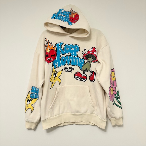 PacSun Keep Moving Cream Fleece Hoodie Unisex Men's Small Shroom Flower Power